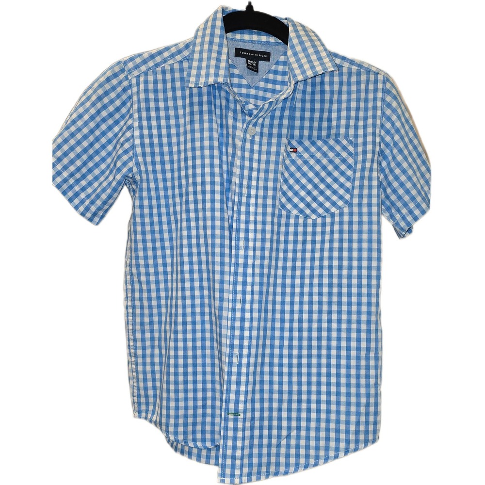 Tommy Hilfiger Boys Blue White Gingham Short Sleeve Button Down Shirt M 12/14